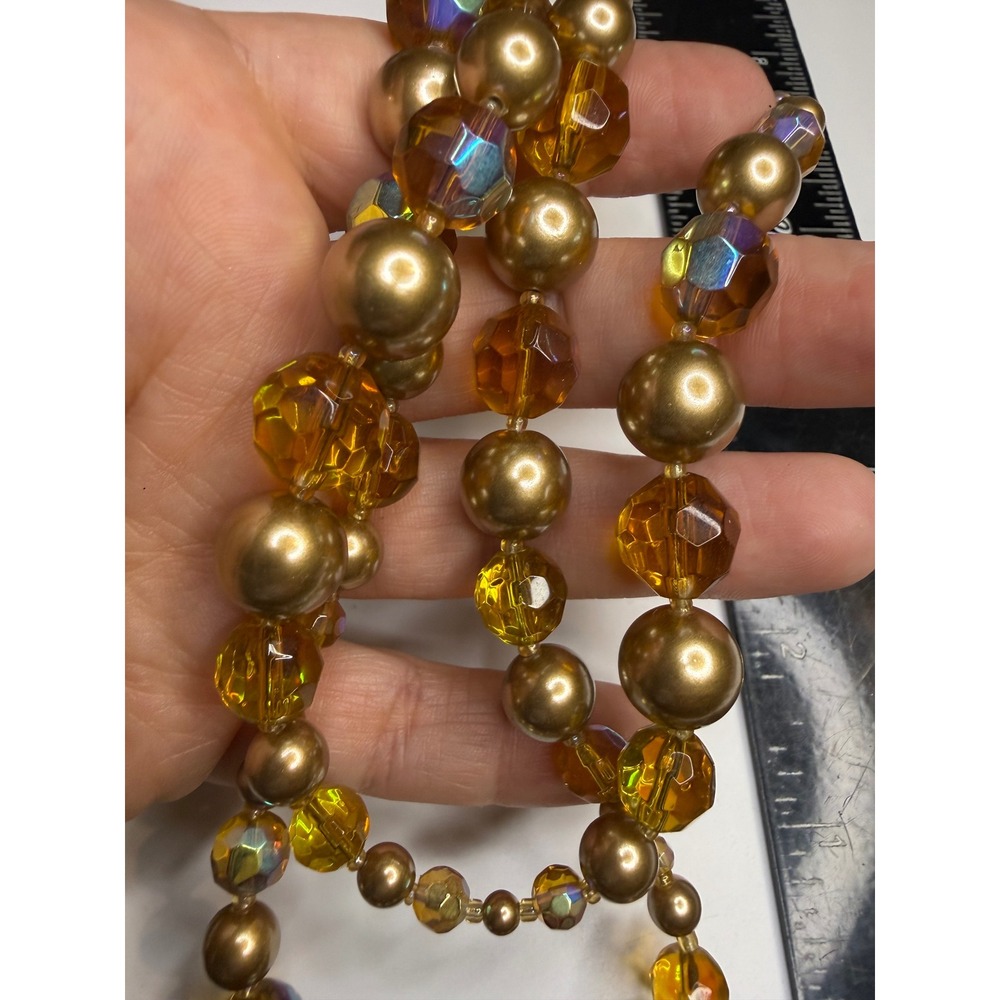 Vintage Amber Glass Bead and Golden Faux Pearl Double Strand Necklace 22 Inch